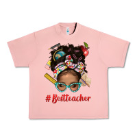Salmon Afro Messy Bun Best Teacher With Leopard Glasses Bbs Urban Heavy Tee - BundleAndBundleShop