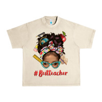 Sandshell Afro Messy Bun Best Teacher With Leopard Glasses Bbs Urban Heavy Tee - BundleAndBundleShop