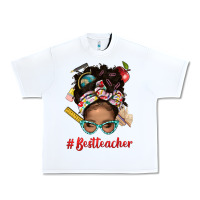 White Afro Messy Bun Best Teacher With Leopard Glasses Bbs Urban Heavy Tee - BundleAndBundleShop