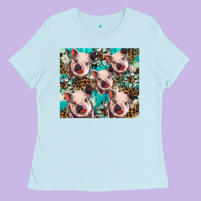 Western Cowhide Sunflower Baby Pig Ladies Tee Designed By Barkaloodesign