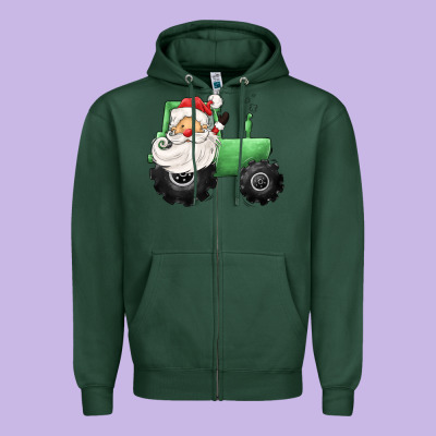 Santa Tractor Zipper Hoodie Designed By Cowgirlartshop