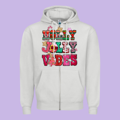 Holly Jolly Vibes Pink Christmas Zipper Hoodie Designed By Cowgirlartshop