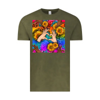 Vintage Olive Heart And Sunflowers With Neon Leopard Patterns Vintage Tee - BundleAndBundleShop
