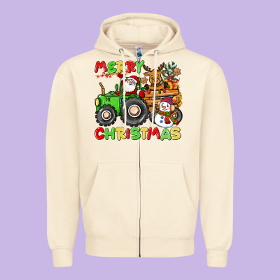 Merry Christmas Crew Tractor Zipper Hoodie Designed By Cowgirlartshop