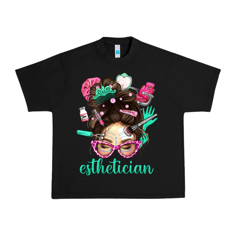 Esthetician Messy Bun With Pink Leopard Glasses Bbs Urban Heavy Tee by BundleAndBundleShop | Teevron