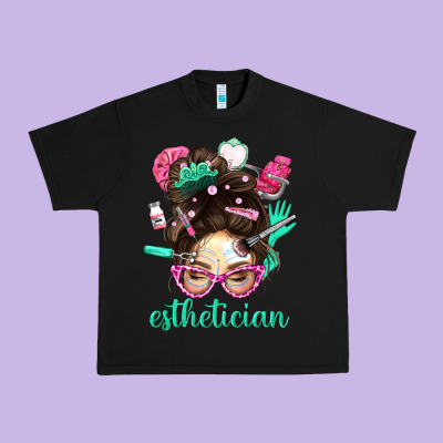 Esthetician Messy Bun With Pink Leopard Glasses Bbs Urban Heavy Tee Designed By Bundleandbundleshop