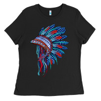 Black indian headdress with american flag Ladies Tee - BarkalooDesign