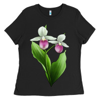 Black Pink And White Lady's Slipper Flower Illustrations Ladies Tee - LillyAllenDesigns