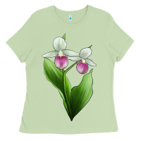 Matcha Pink And White Lady's Slipper Flower Illustrations Ladies Tee - LillyAllenDesigns