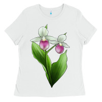 White Pink And White Lady's Slipper Flower Illustrations Ladies Tee - LillyAllenDesigns