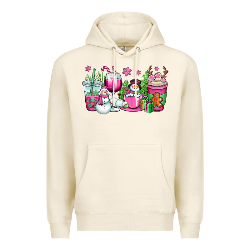 Pink Christmas Snowman Coffee Cups Premium Hoodie by OliviaCreatesArt | Teevron