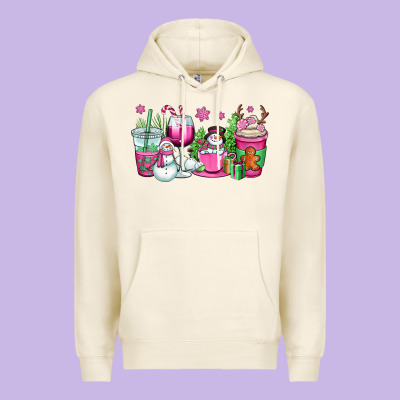 Pink Christmas Snowman Coffee Cups Premium Hoodie Designed By Oliviacreatesart