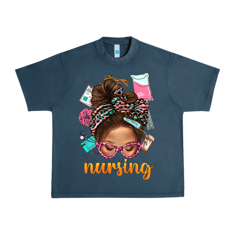 Messy Bun Nursing With Leopard Glasses Bbs Urban Heavy Tee by BundleAndBundleShop | Teevron