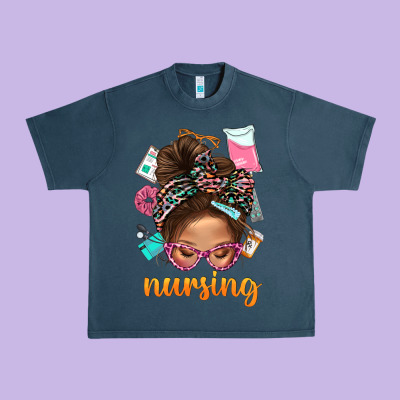 Messy Bun Nursing With Leopard Glasses Bbs Urban Heavy Tee Designed By Bundleandbundleshop