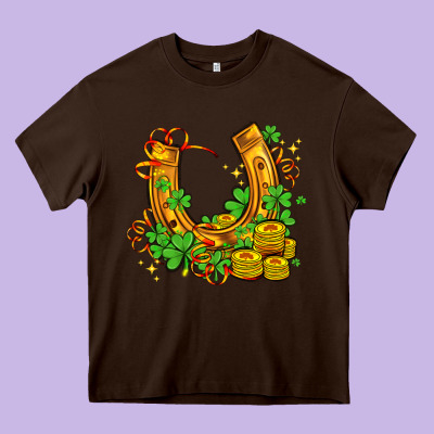 Horseshoe With Shamrocks And Coin Heavy Core Tee Designed By Adodesignshop