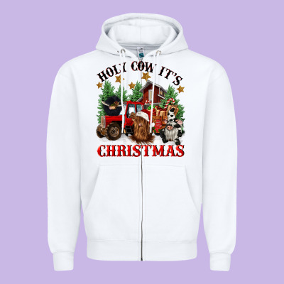 Holy Cow Its Christmas Zipper Hoodie Designed By Cowgirlartshop