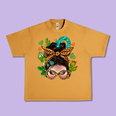 Western  Messy Bun With Cactus Urban Heavy Tee Designed By Bundleandbundleshop