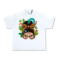 White Western  Messy Bun With Cactus Urban Heavy Tee - BundleAndBundleShop