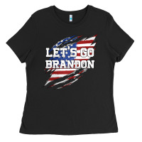 Black Let's Go Brandon Ripped Cloth with American Flag Ladies Tee - Jasminsmagicworld