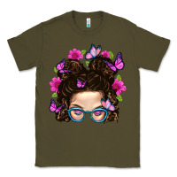 Army Green Messy Bun Mom With Butterfly Classic Tee - BundleAndBundleShop