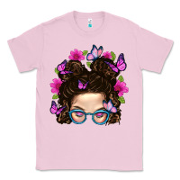 Bubblegum Pink Messy Bun Mom With Butterfly Classic Tee - BundleAndBundleShop