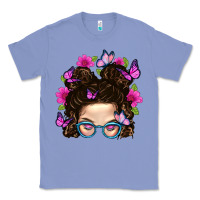 Colony Blue Messy Bun Mom With Butterfly Classic Tee - BundleAndBundleShop