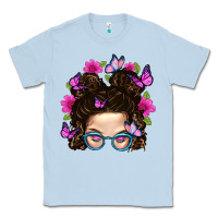 Dusty Blue Messy Bun Mom With Butterfly Classic Tee - BundleAndBundleShop