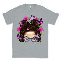 Heather Grey Messy Bun Mom With Butterfly Classic Tee - BundleAndBundleShop
