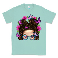Seafoam Messy Bun Mom With Butterfly Classic Tee - BundleAndBundleShop
