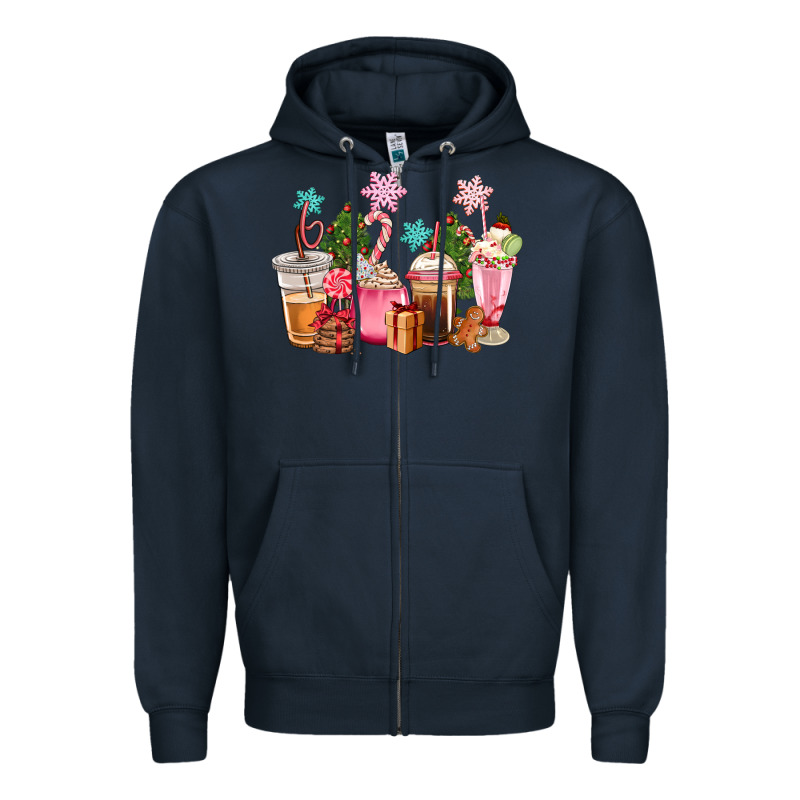 Pink Christmas Coffe Cups Zipper Hoodie by CowGirlArtShop | Teevron