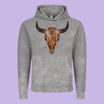 Western Tooled Leather Bull Skull Vintage Hoodie Designed By Jasminsmagicworld