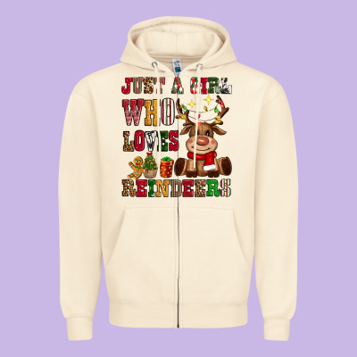 Just A Girl Who Loves Reindeers Zipper Hoodie Designed By Cowgirlartshop