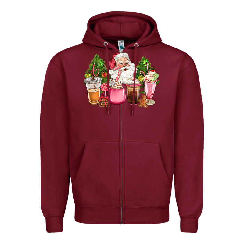 Pink Christmas Santa Coffe Cups Zipper Hoodie by CowGirlArtShop | Teevron