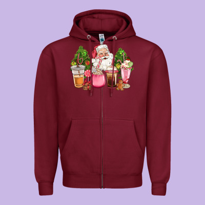 Pink Christmas Santa Coffe Cups Zipper Hoodie Designed By Cowgirlartshop