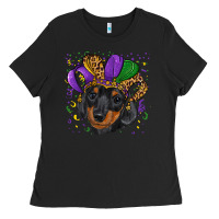 Black mardi gras hat dachshund puppy Ladies Tee - RanaPortraitStore