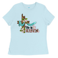 Baby Blue he is risen cross Ladies Tee - BarkalooDesign