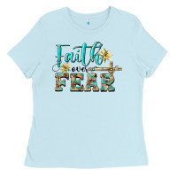 Baby Blue faith over fear with cross Ladies Tee - BarkalooDesign