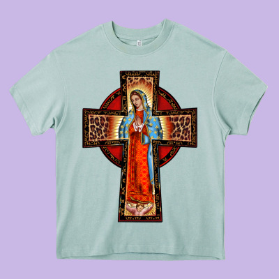 Lady Of Guadalupe Leopard Cross Heavy Core Tee Designed By Barkaloodesign