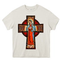 Cream lady of guadalupe leopard cross Heavy Core Tee - BarkalooDesign