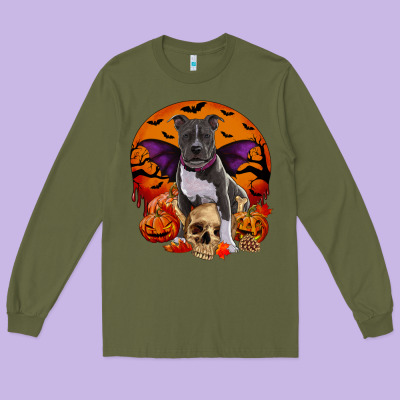 Halloween Pitbull Dog Long Sleeve Tee Designed By Ranaportraitstore