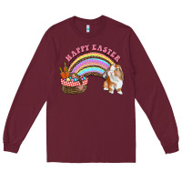 Burgundy Happy Easter Bunny And Egg Basket Rainbow Long Sleeve Tee - RanaPortraitStore