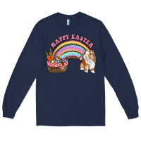 Navy Happy Easter Bunny And Egg Basket Rainbow Long Sleeve Tee - RanaPortraitStore