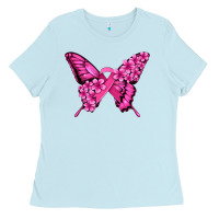 Baby Blue pink ribbon breast cancer butterfly Ladies Tee - Jasminsmagicworld