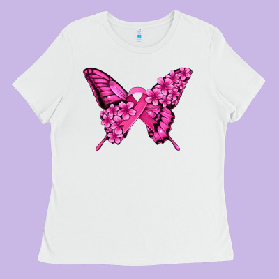 Pink Ribbon Breast Cancer Butterfly Ladies Tee Designed By Jasminsmagicworld