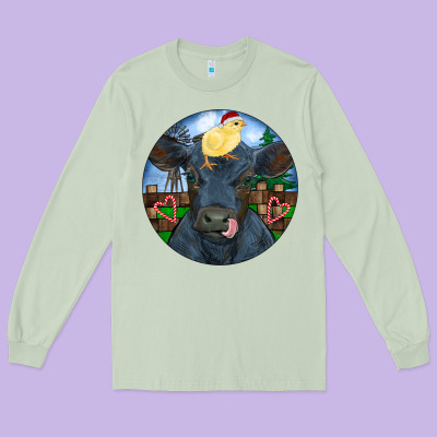 Black Angus Cattle With Santa Chick Christmas Long Sleeve Tee Designed By Ranaportraitstore