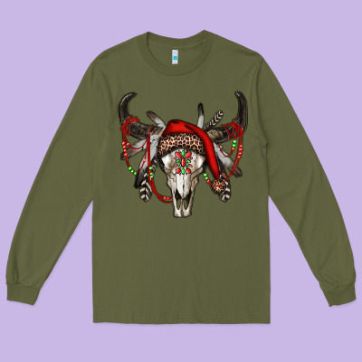 Western Christmas Bull Skull Long Sleeve Tee Designed By Ranaportraitstore