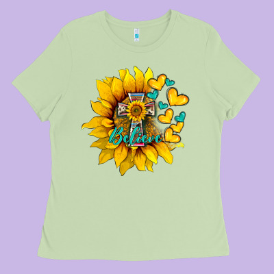 Western Sunflower  Cross Believe Ladies Tee Designed By Barkaloodesign