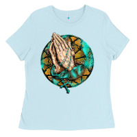 Baby Blue western praying hands prayer rosary  faith cross Ladies Tee - BarkalooDesign