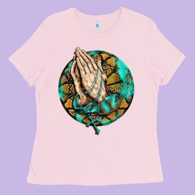 Western Praying Hands Prayer Rosary  Faith Cross Ladies Tee Designed By Barkaloodesign