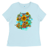 Baby Blue western belive sunflowers cross Ladies Tee - BarkalooDesign